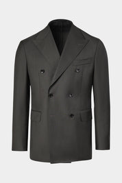 Vue sur fond blanc d'une veste de costume croisé couleur uni noir, sur un tissu en 100% laine de chez Vitale Barberis Canonico