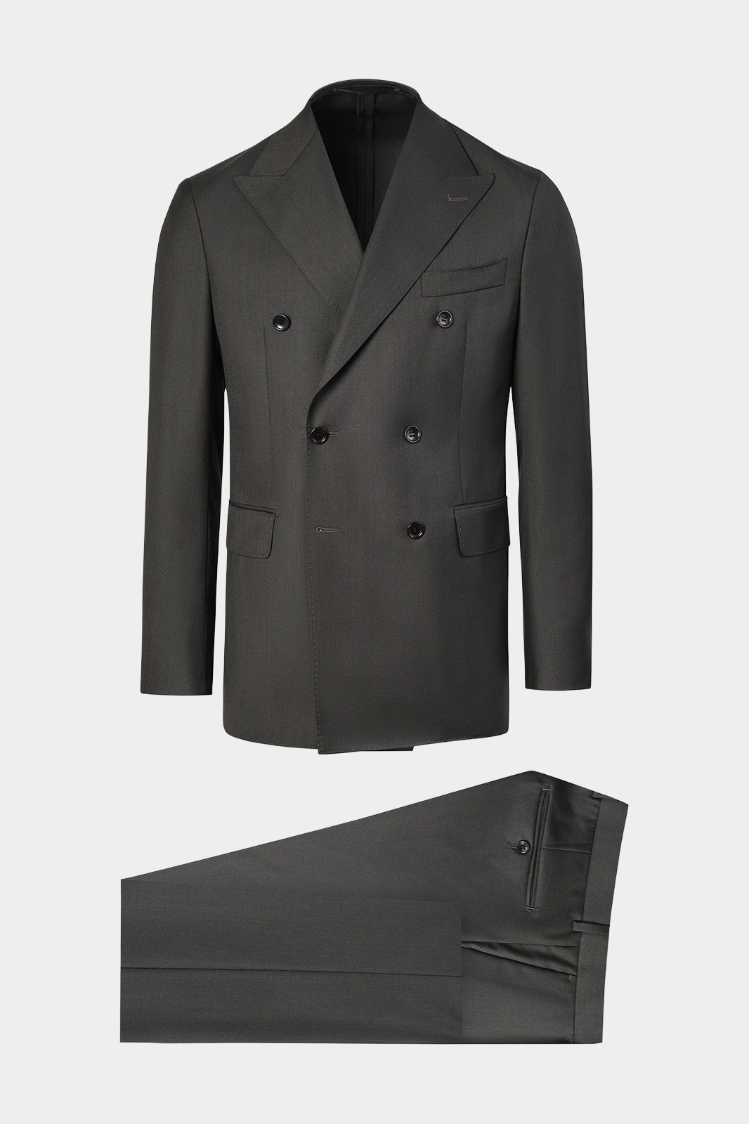 Vue sur fond blanc d'un costume croisé couleur uni noir, sur un tissu en 100% laine de chez Vitale Barberis Canonico