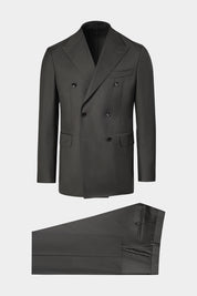 Vue sur fond blanc d'un costume croisé couleur uni noir, sur un tissu en 100% laine de chez Vitale Barberis Canonico