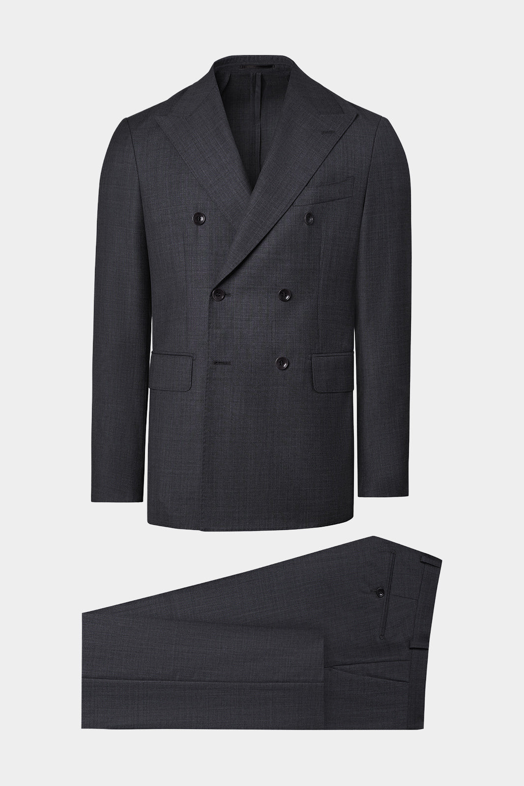 Vue sur fond blanc d'un costume croisé en 100% laine de couleur gris anthracite.