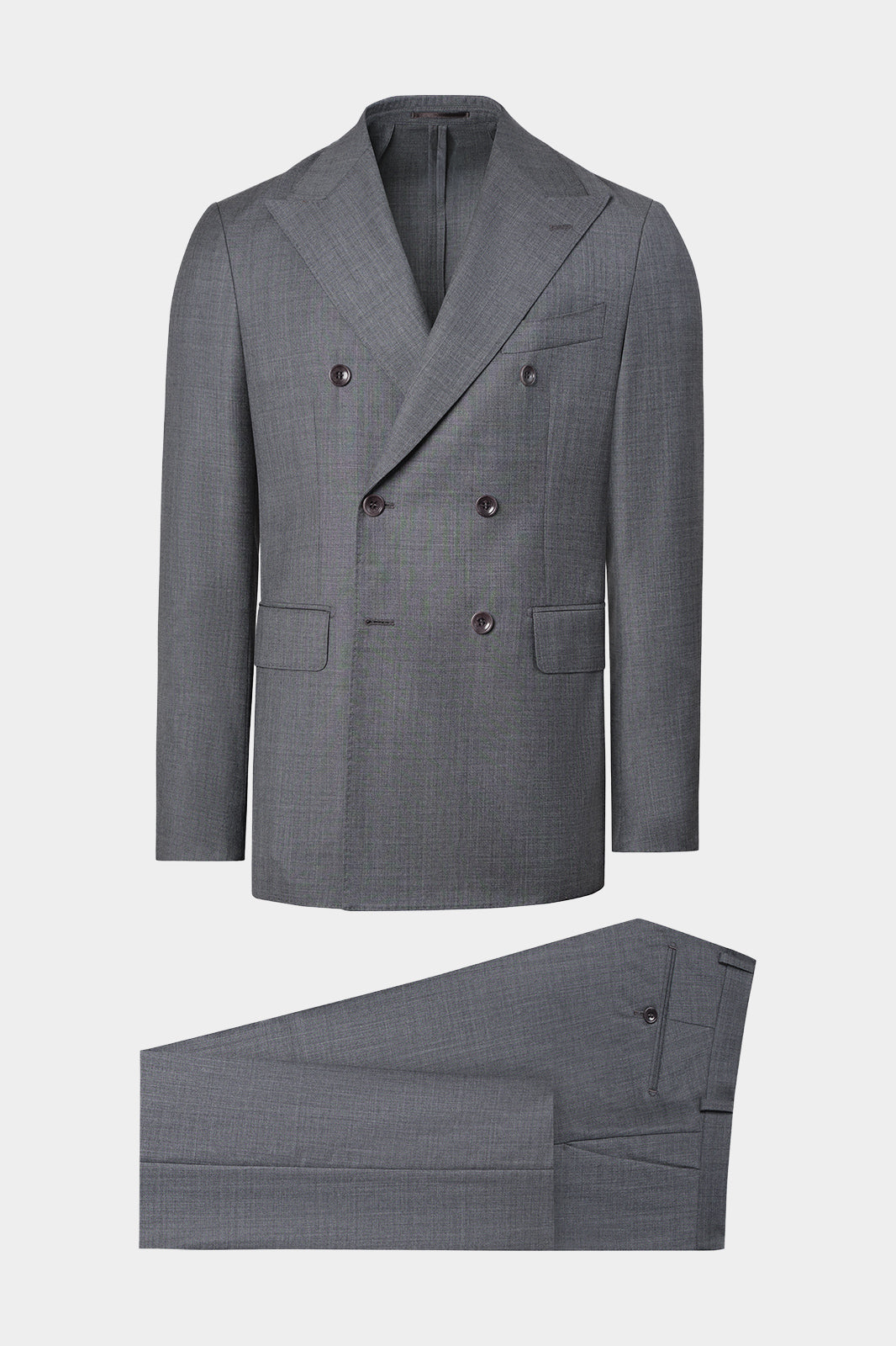 Vue sur fond blanc d'un costume croisé en 100% laine de couleur gris.
