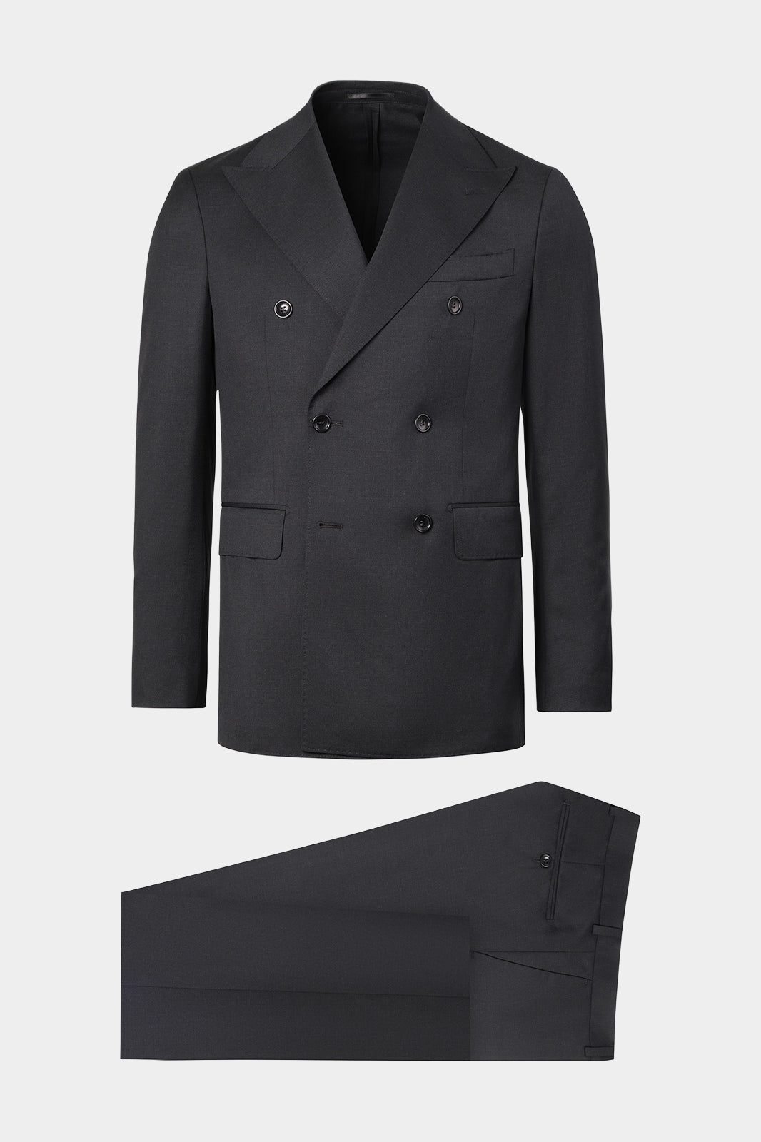 Vue sur fond blanc d'un costume croisé en laine couleur Gris anthracite en tissu italien 100% laine de chez Vitale Barberis Canonico.