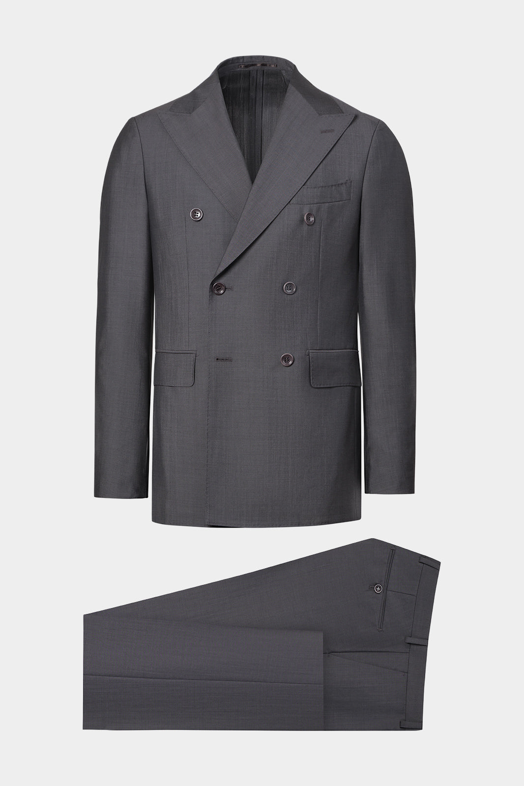 Vue sur fond blanc d'un costume croisé couleur gris en 84% laine et 16% mohair de chez Vitale Barberis Canonico.