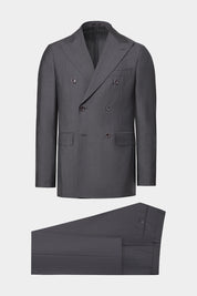 Vue sur fond blanc d'un costume croisé couleur gris en 84% laine et 16% mohair de chez Vitale Barberis Canonico.