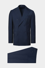 Vue sur fond blanc d'un costume croisé marine en 84% laine 16% mohair de chez Vitale Barberis Canonico.