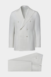 Vue sur fond blanc d'un costume  croisé en lin mélangé blanc