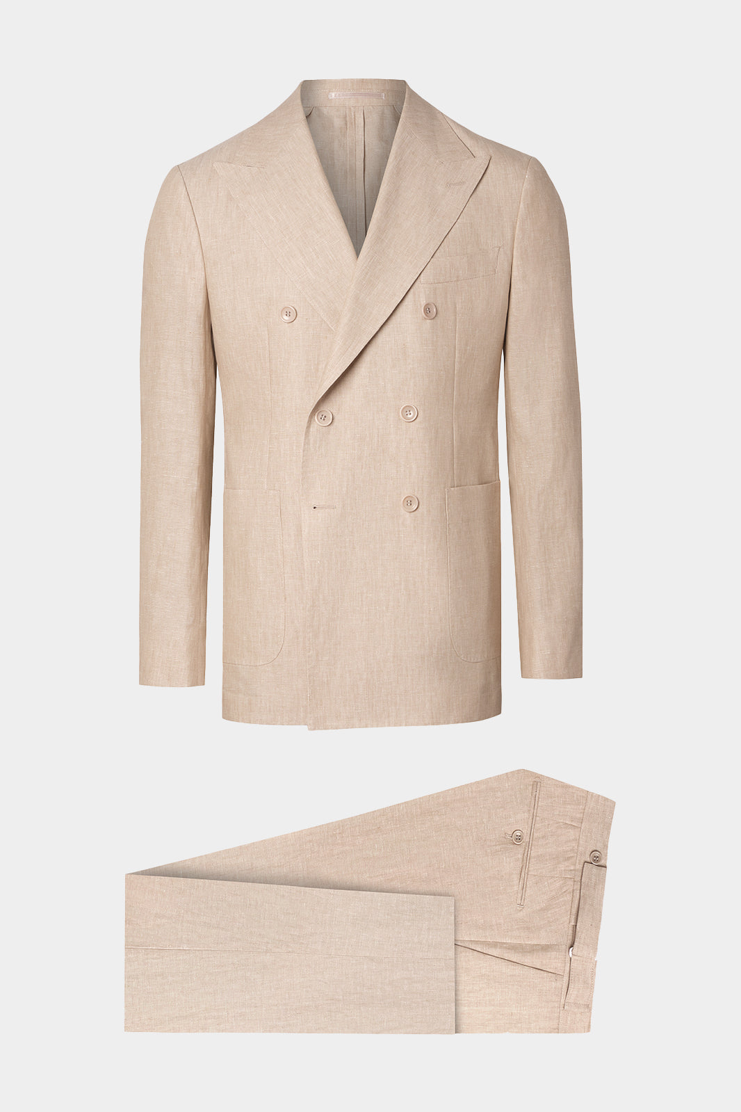 Vue sur fond blanc costume croisé poche plaquée et pantalon patte de serrage en beige en 100% laine de chez Reda.