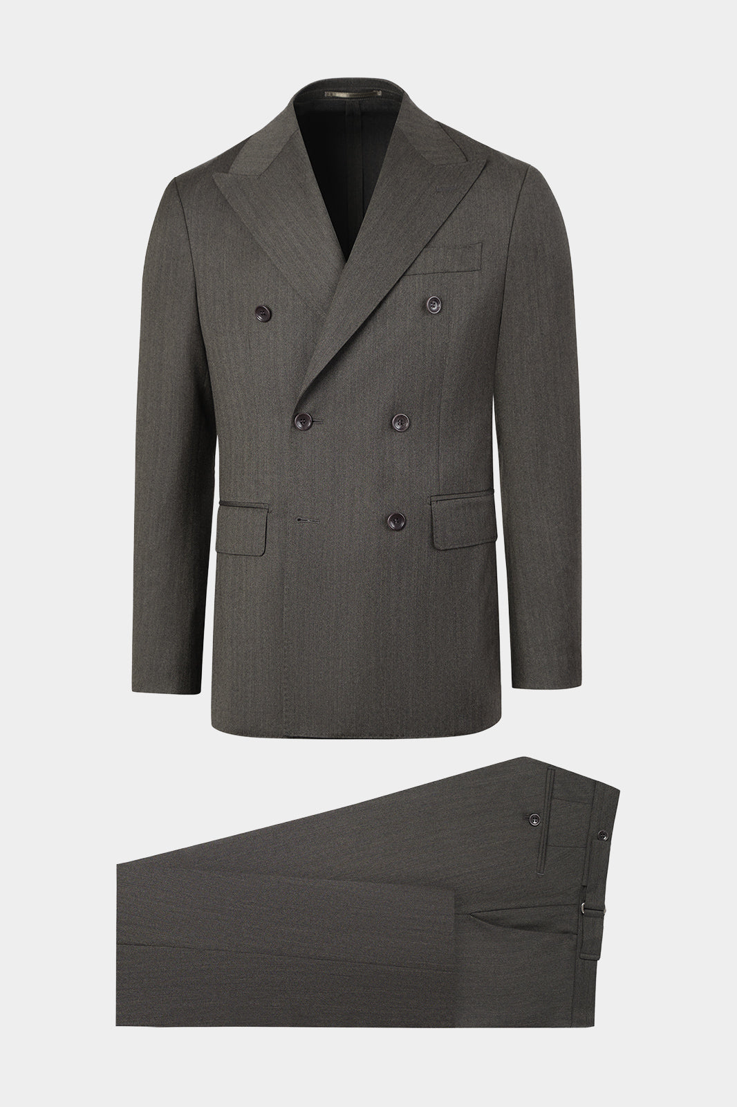 Vue sur fond blanc d'un costume croisé en laine en vert foncé avec une trame chevron sur un tissu italien de Reda.