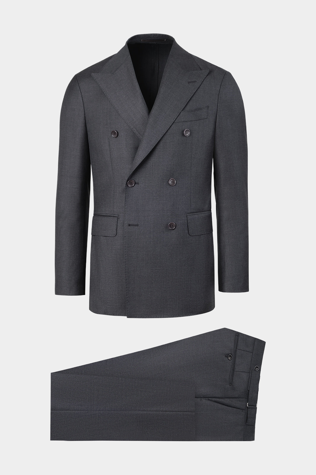 Vue sur fond blanc d'un costume avec pantalon patte de serrage de couleur gris anthracite sur un tissu 100% laine italienne de chez Vitale Barberis Canonico.