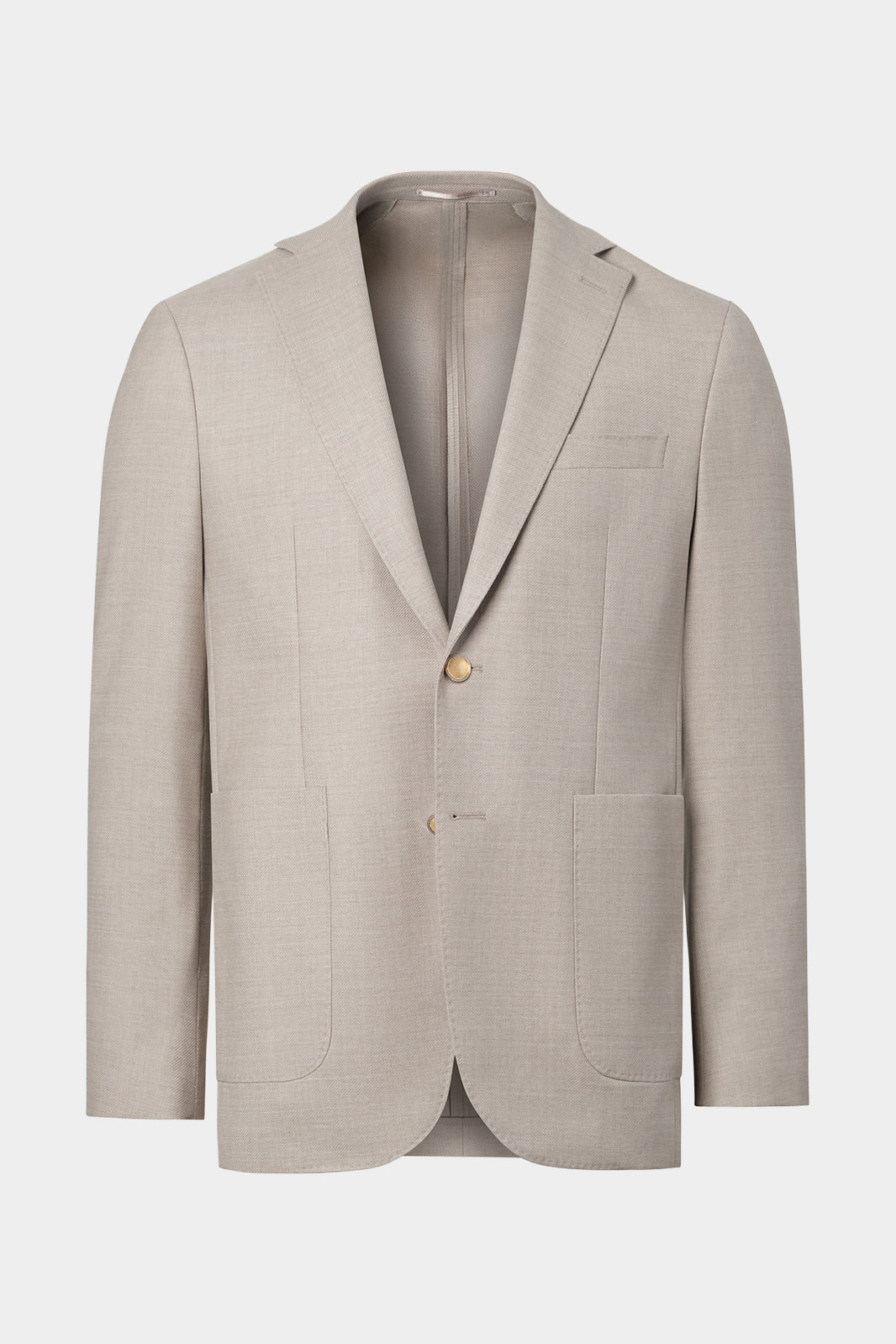 Vue sur fond blanc d'un blazer en laine stretch couleur beige. Avec une veste 2 boutons, 2 grandes poches plaquées, ainsi que boutonnière ouverte.
Tissus italiens en 98.4% laine et 1.6% élasthanne.
