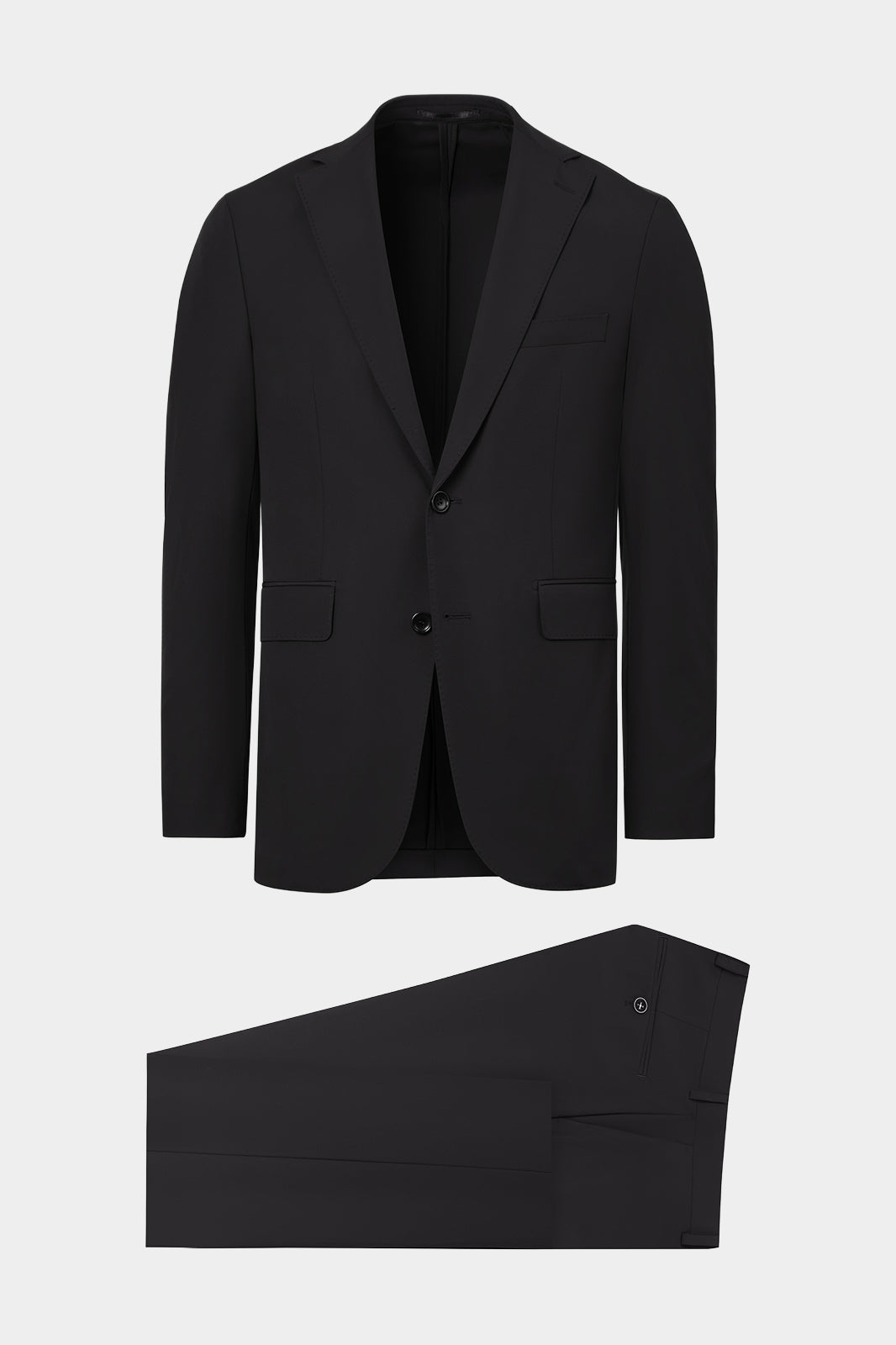 Vue sur fond blanc d'un costume Bon poche à rabats couleur Noir.  En tissu technique déperlant Olmetex en 83% polyamide et 17% elasthanne.