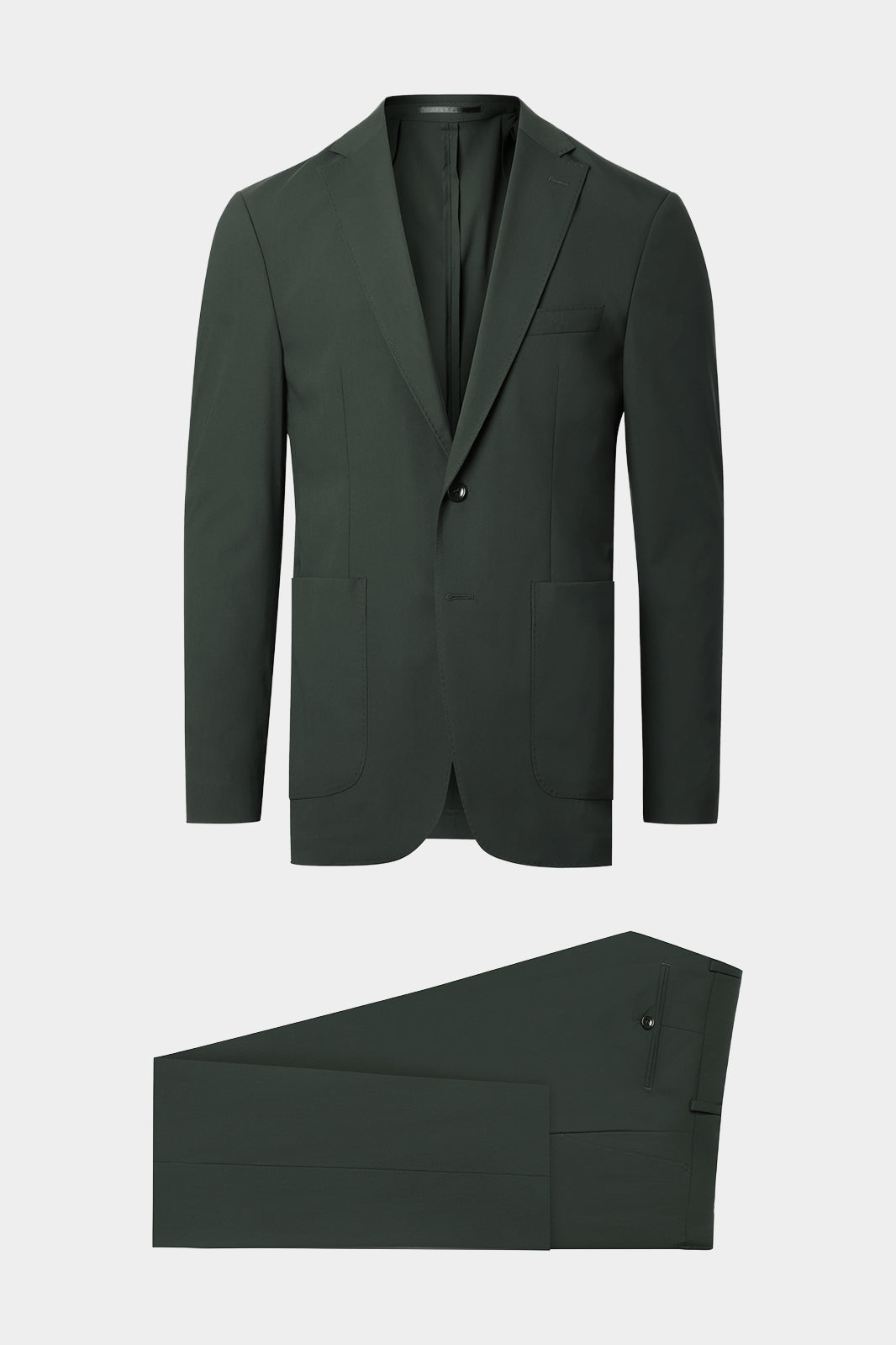 Vue sur fond blanc d'un costume en coupe cintrée en laine et élasthane, composé d'une veste à 2 boutons sans épaulette et non doublée avec les poches plaquées sur le devant, et d'un pantalon à coupe traditionnelle. Vous apprécierez le confort du tissu de chez Reda, de sa souplesse et de son chic absolu.