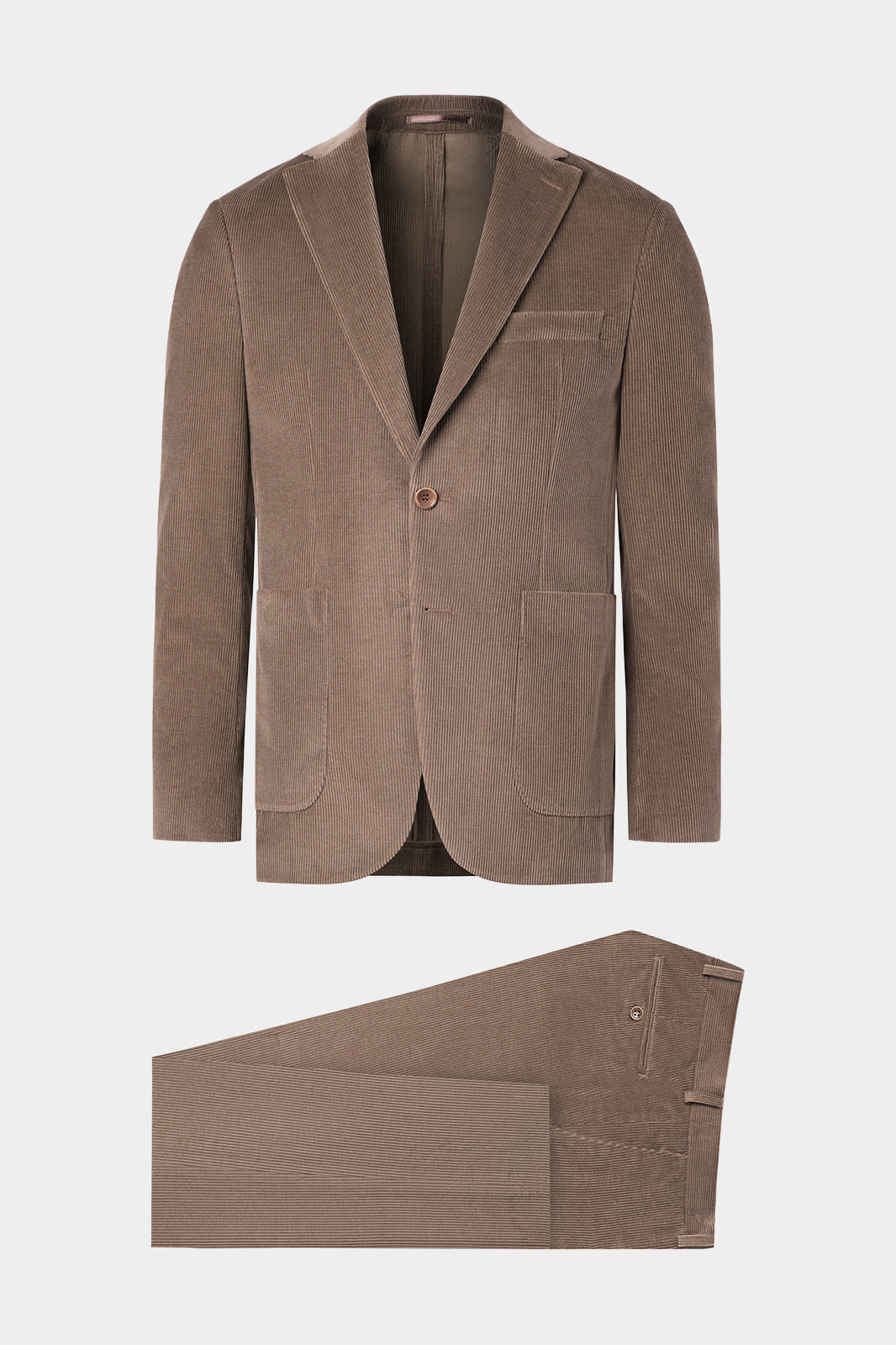 Vue sur fond blanc d'un costume velours côtelé en marron sur un tissu made in Italy.