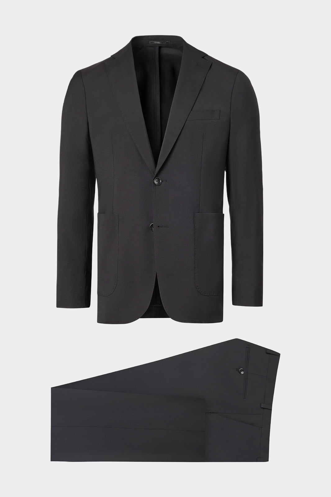 Vue sur fond blanc d'un costume en laine mélangée en noir