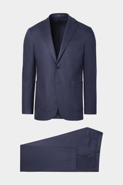 Vue sur fond blanc d'un costume marine poche plaquée couleur marine en laine et élasthane sur un tissu de chez Vitale Barberis Canonico en super 120's