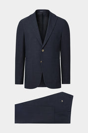Vue sur fond blanc d'un costume en lin mélangé couleur Marine 2 boutons et boutonnage corne. Sur des Tissus italiens en 52% viscose 48% lin de chez LeoMaster.