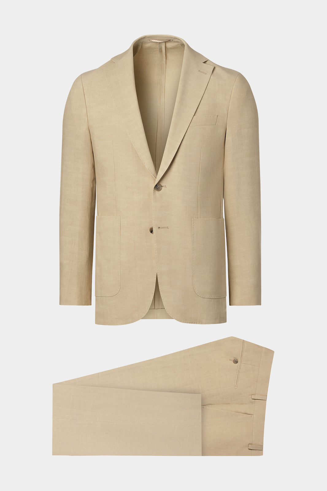 Vue sur fond blanc d'un costume en lin mélangé couleur Beige. Sur des Tissus italiens en 52% viscose 48% lin de chez LeoMaster.