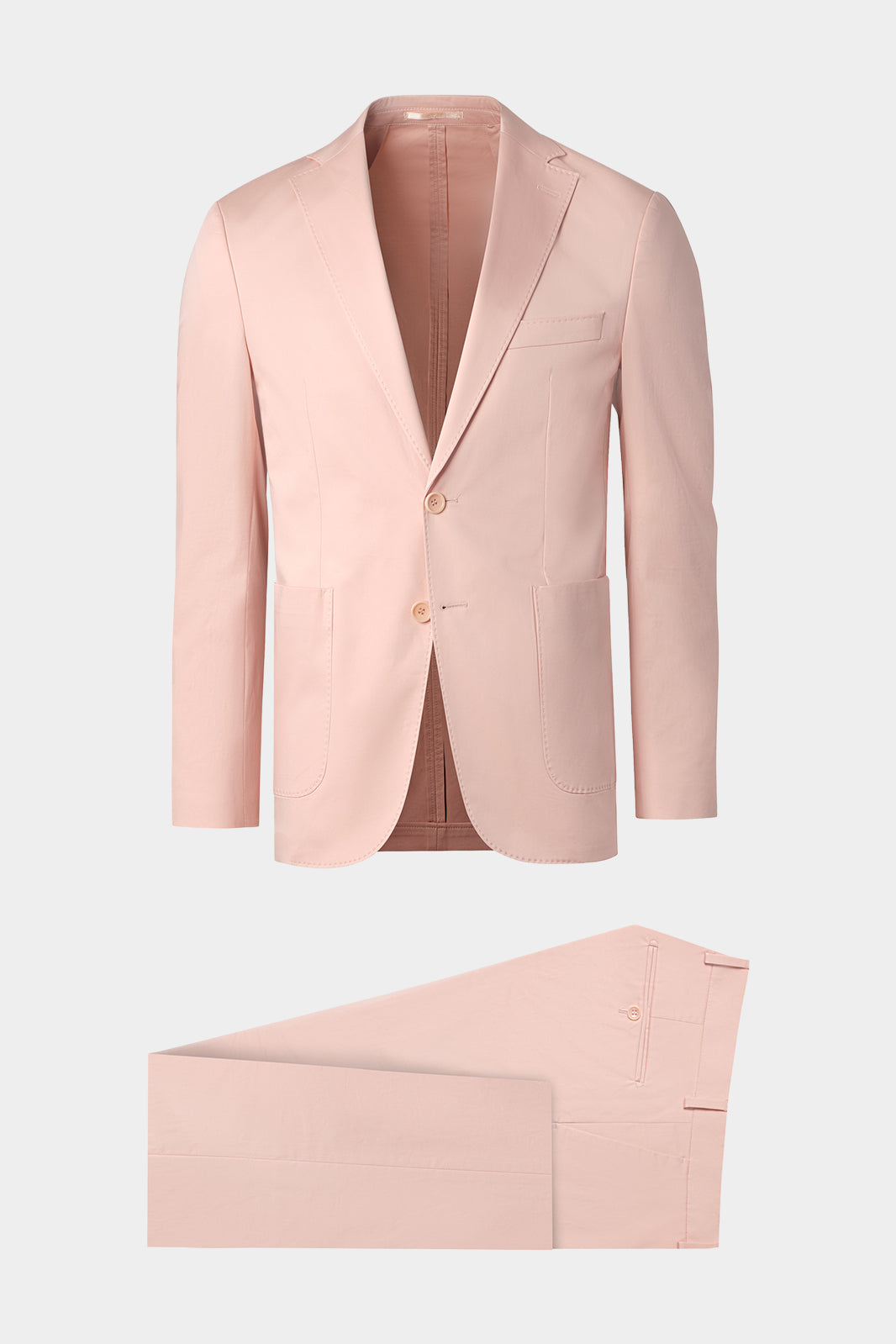 Vue sur fond blanc d'un costume poche plaquée en coton rose.