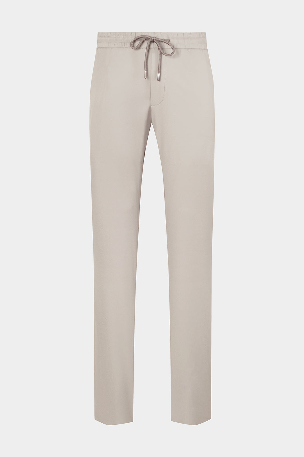 Vue sur fond blanc d'un pantalon jogpant en tissu technique de chez Olmetex gris clair avec poches zippés et cordons de serrage.
