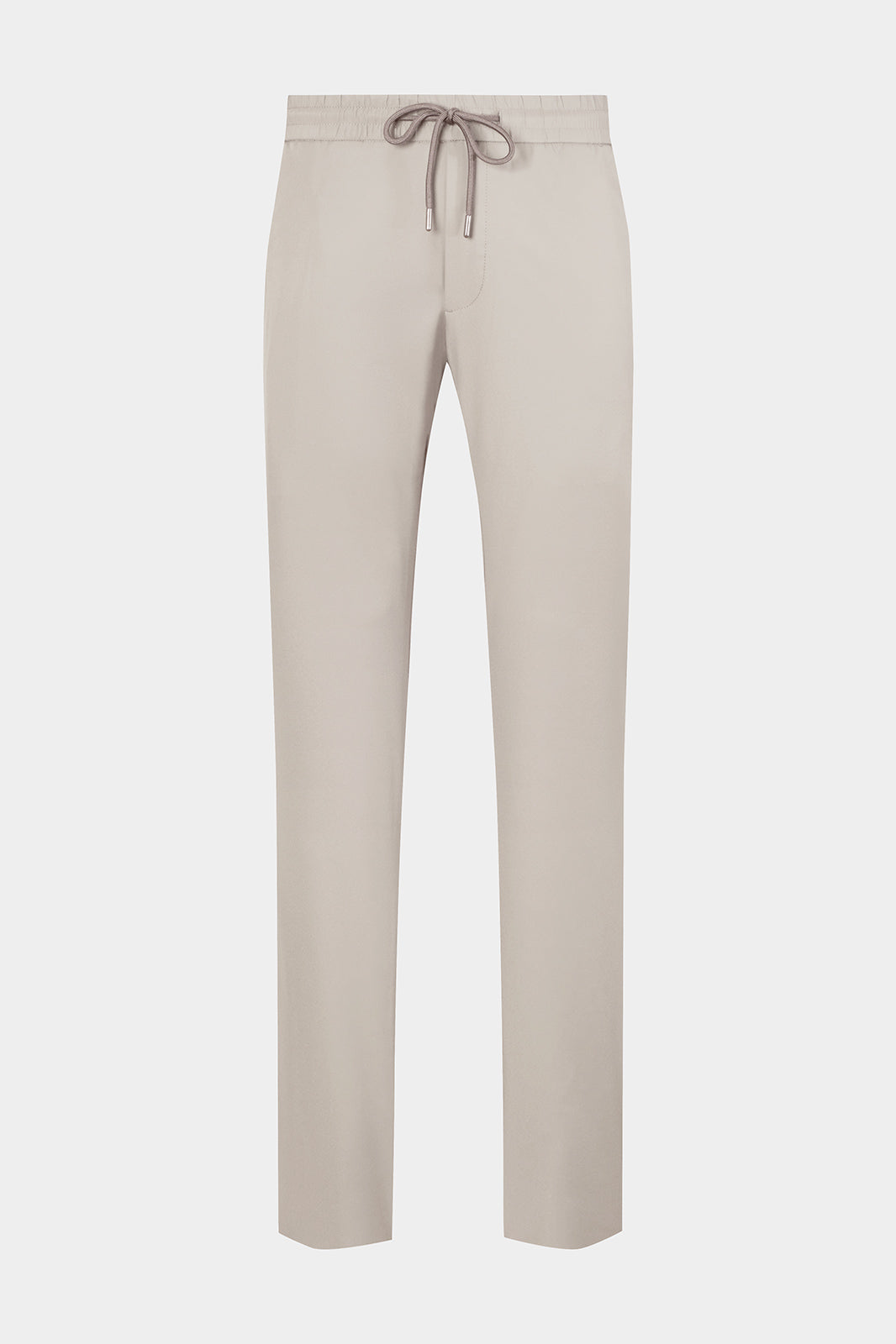 Vue sur fond blanc d'un pantalon jogpant en tissu technique de chez Olmetex gris clair avec poches zippés et cordons de serrage.