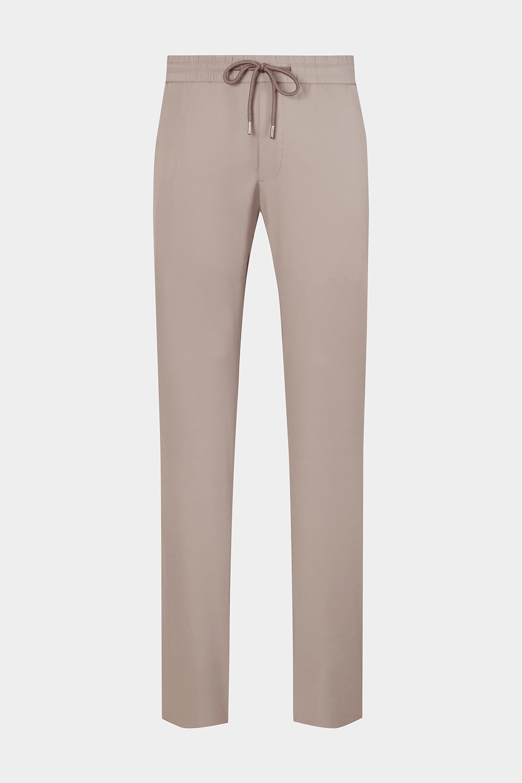 Vue sur fond blanc d'un pantalon jogpant en tissu technique de chez Olmetex taupe avec poches zippés et cordons de serrage.