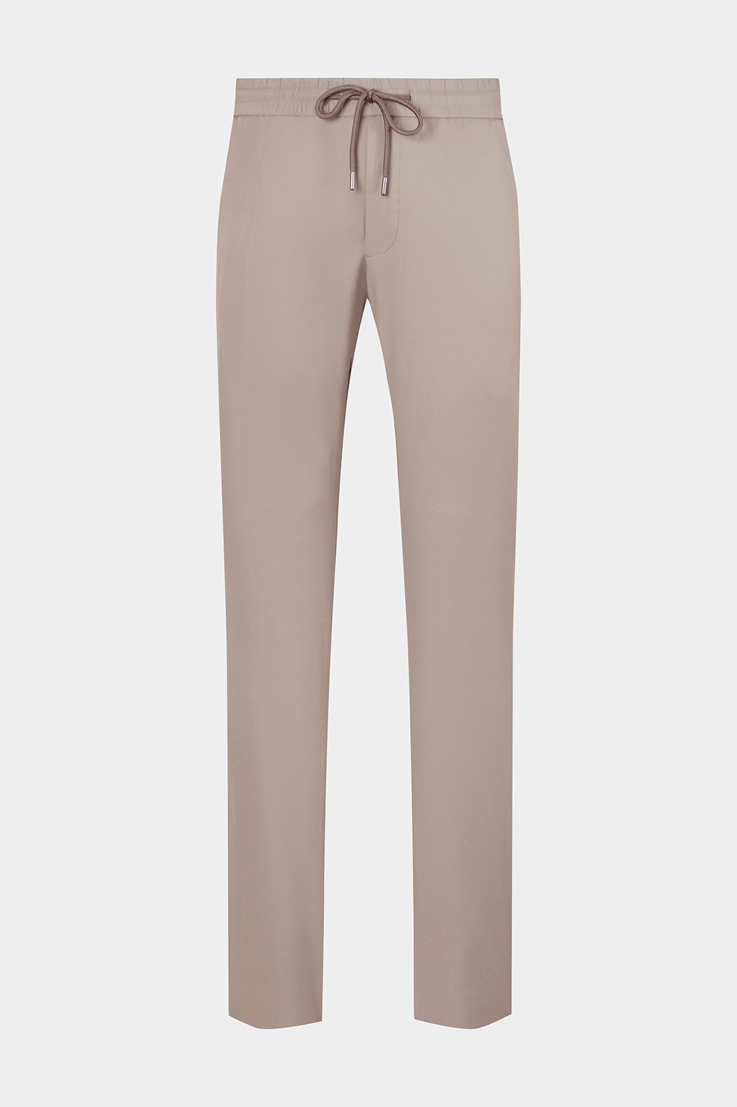 Vue sur fond blanc d'un pantalon jogpant en tissu technique de chez Olmetex taupe avec poches zippés et cordons de serrage.