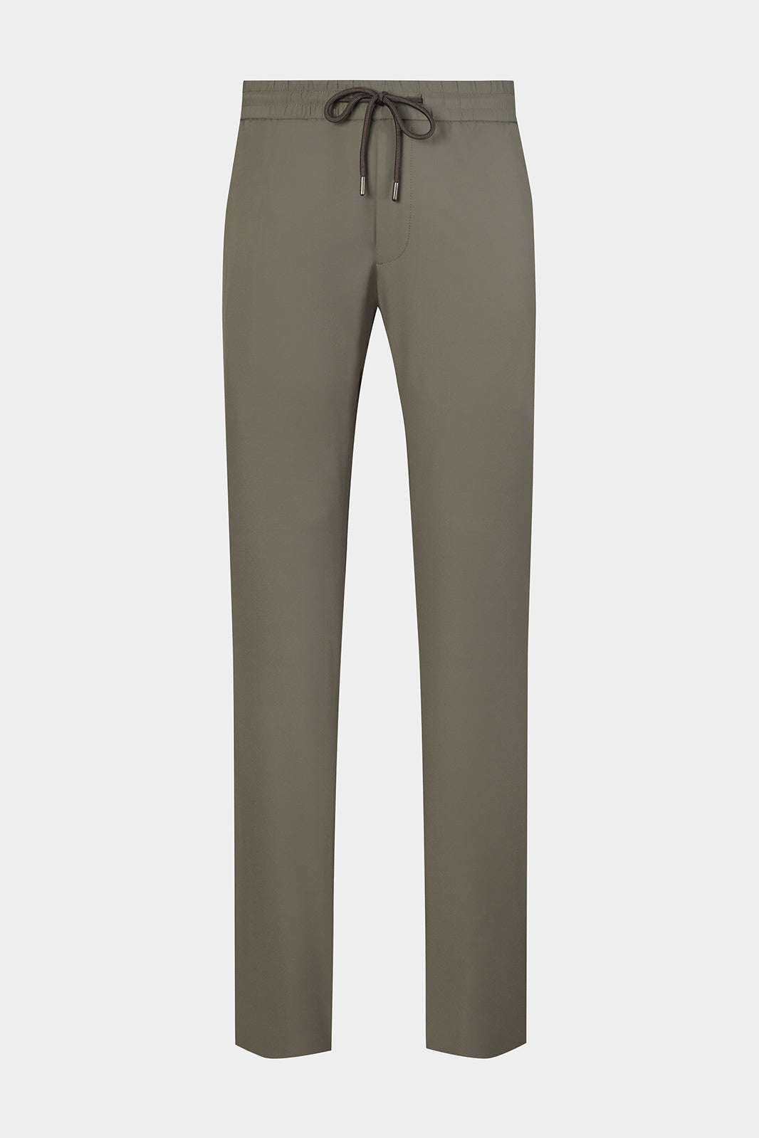 Vue sur fond blanc d'un pantalon jogpant en tissu technique de chez Olmetex kaki avec poches zippés et cordons de serrage.