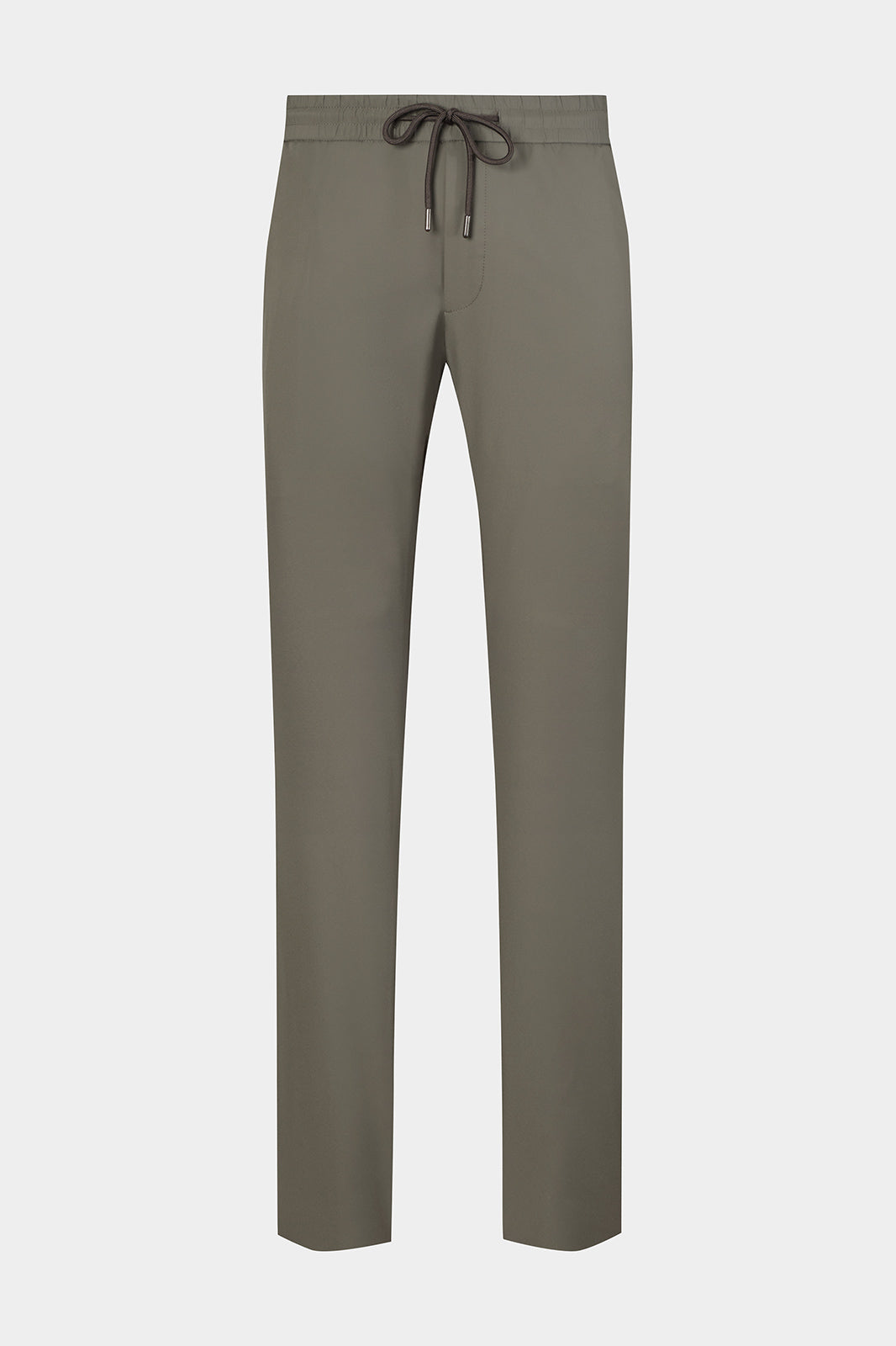 Vue sur fond blanc d'un pantalon jogpant en tissu technique de chez Olmetex kaki avec poches zippés et cordons de serrage.