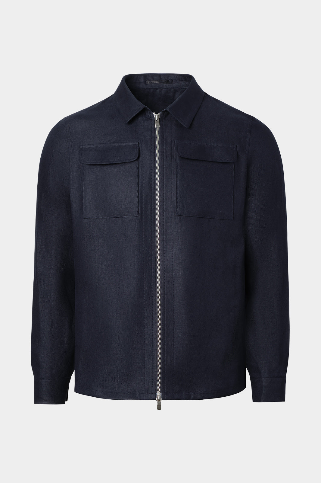 Vue sur fond blanc d'un blouson en 100% lin de chez LeoMaster marine