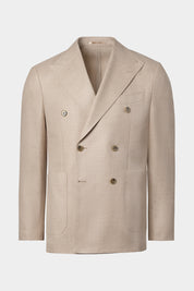 Vue sur fond blanc d'un blazer croisé en coton, lin et soie beige