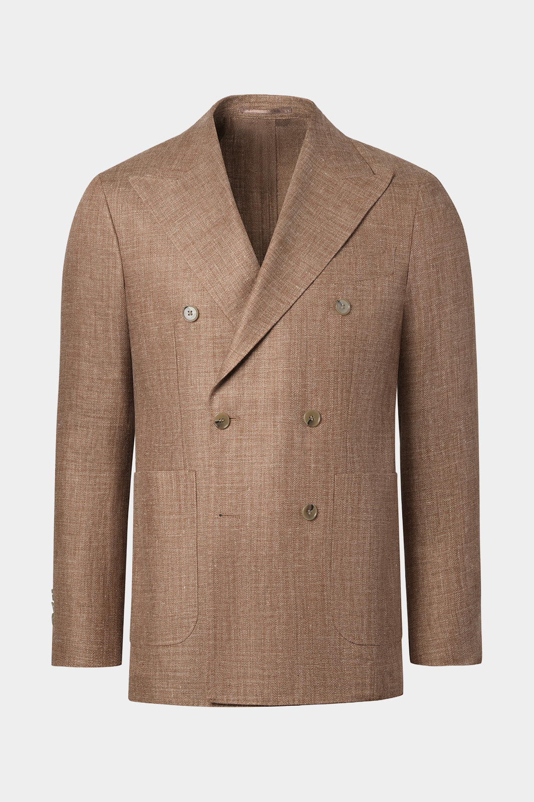 Vue sur fond blanc d'un blazer croisé en lin et soie camel