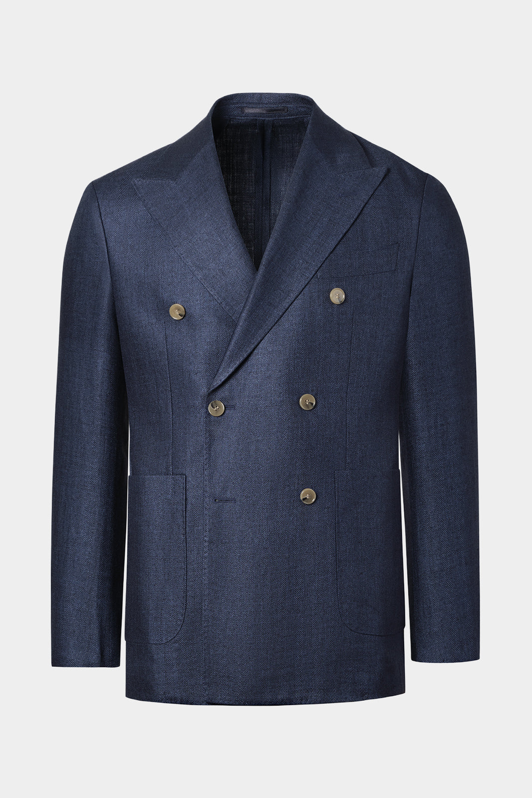 Vue sur fond blanc d'un blazer croisé en lin et soie marine 