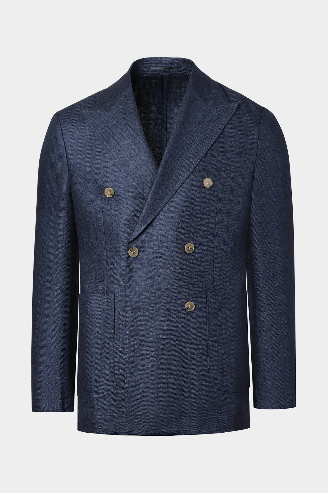 Vue sur fond blanc d'un blazer croisé en lin et soie marine 