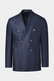 Vue sur fond blanc d'un blazer croisé en lin et soie marine 