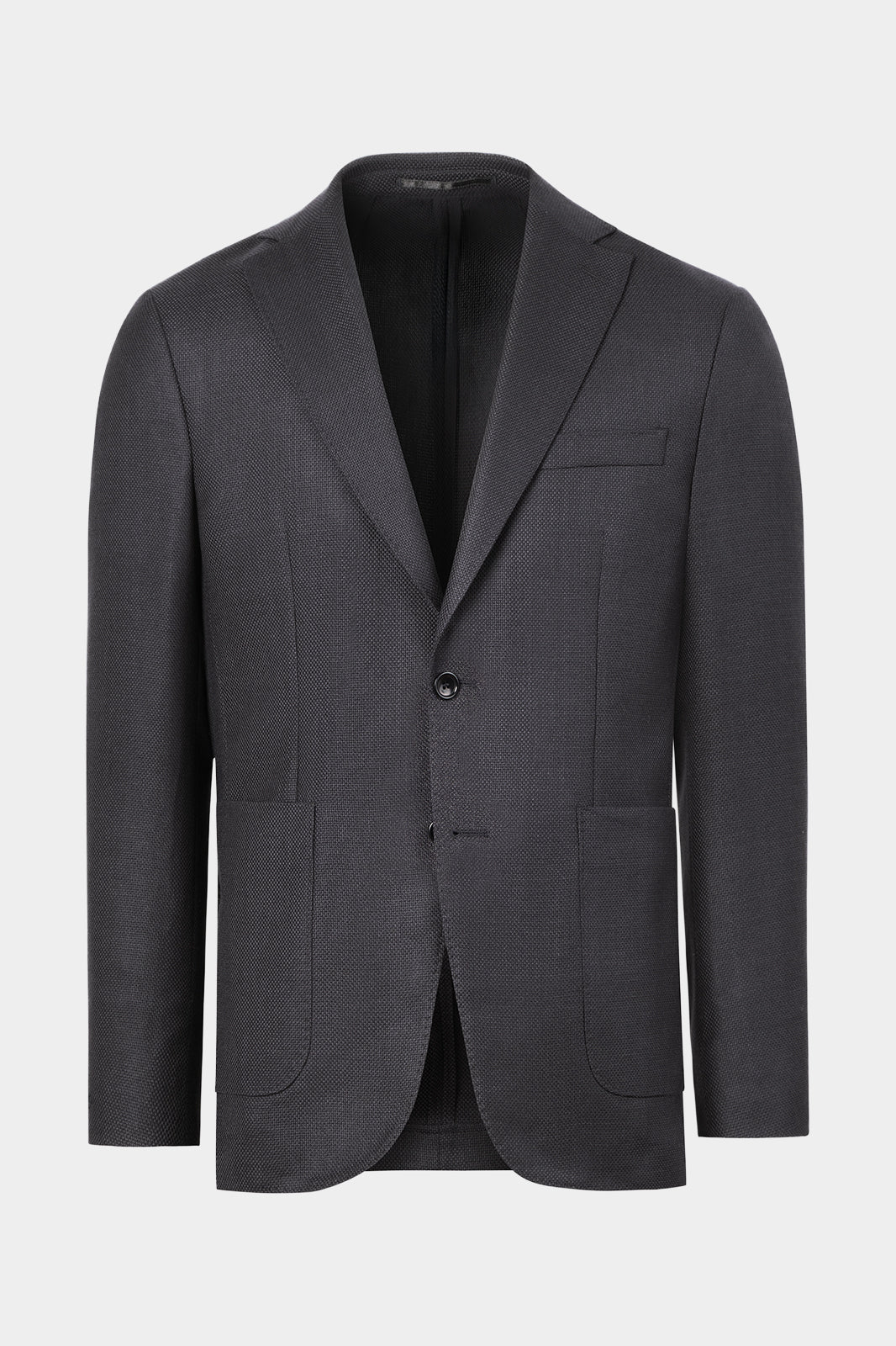 Vue sur fond blanc d'un blazer gris avec des poches plaquées en laine et cachemire de chez E. Thomas.