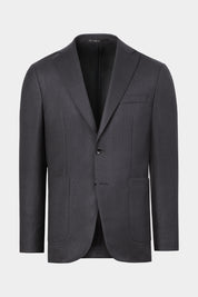 Vue sur fond blanc d'un blazer gris avec des poches plaquées en laine et cachemire de chez E. Thomas.