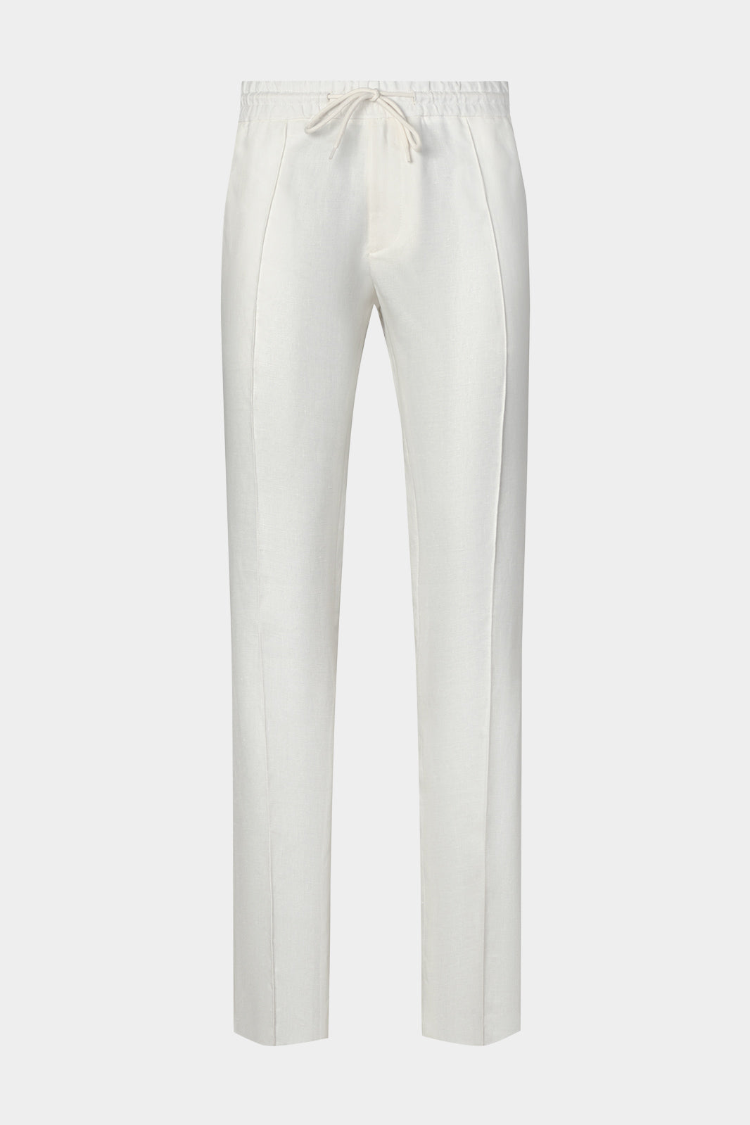 Vue sur fond blanc d'un pantalon jogpant en 100% lin de chez LeoMaster couleur blanc.