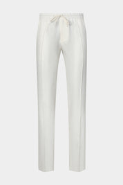 Vue sur fond blanc d'un pantalon jogpant en 100% lin de chez LeoMaster couleur blanc.