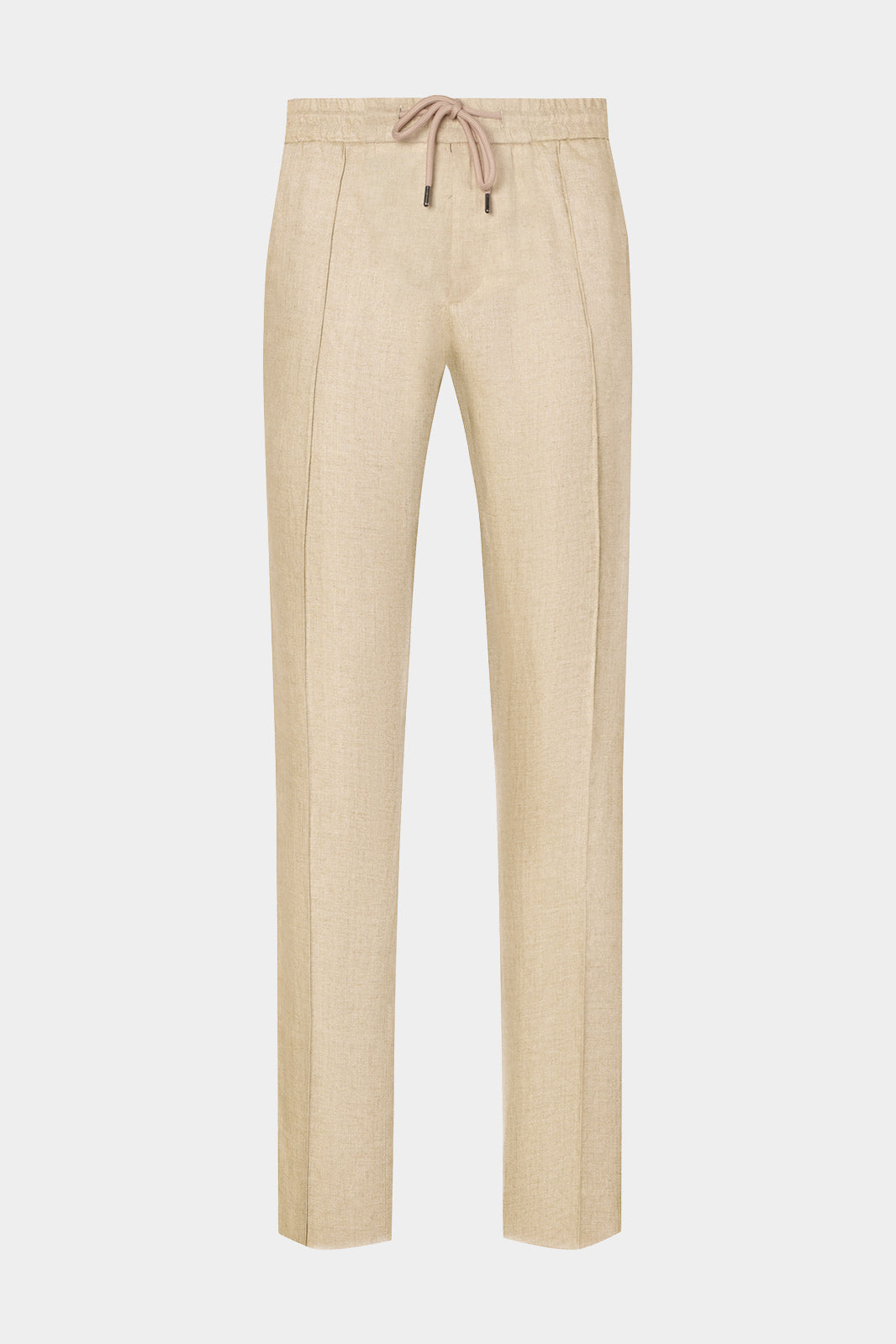 Vue sur fond blanc d'un pantalon jogpant en 100% lin de chez LeoMaster couleur beige.