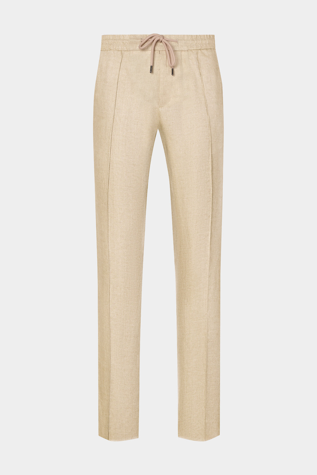 Vue sur fond blanc d'un pantalon jogpant en 100% lin de chez LeoMaster couleur beige.