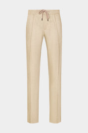 Vue sur fond blanc d'un pantalon jogpant en 100% lin de chez LeoMaster couleur beige.