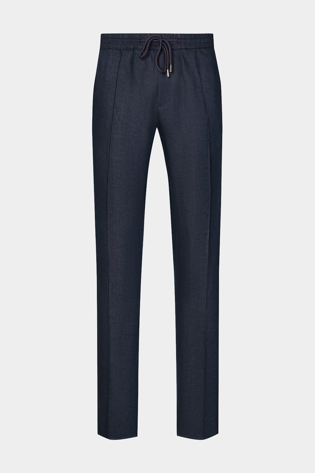 Vue sur fond blanc d'un pantalon jogpant en 100% lin de chez LeoMaster couleur Marine.