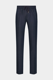 Vue sur fond blanc d'un pantalon jogpant en 100% lin de chez LeoMaster couleur Marine.