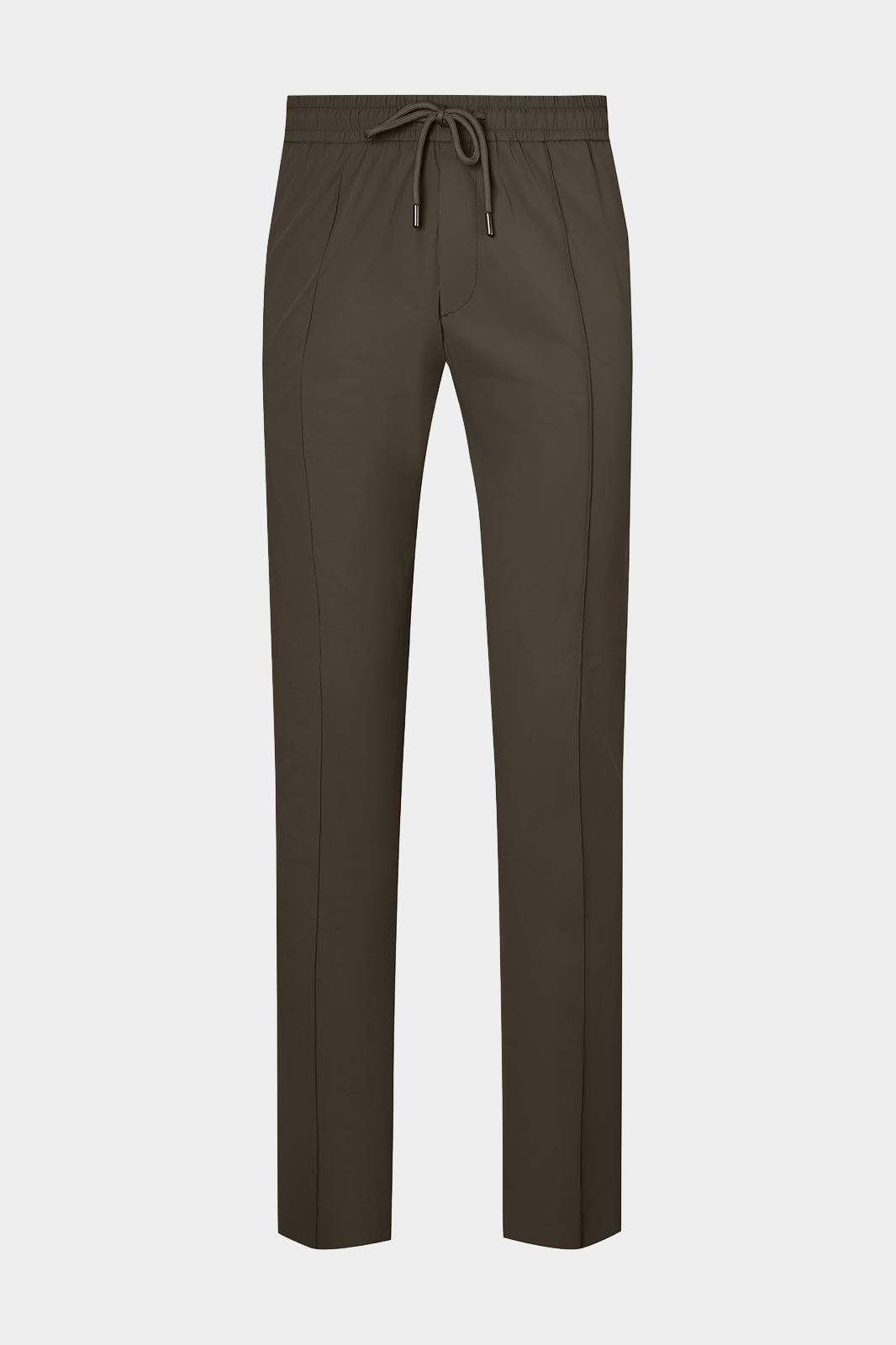 Vue sur fond blanc d'un pantalon jogpant Donatela de couleur kaki. Sur un tissu italien en 77% polyamide 23% élasthanne de chez Olmetex.