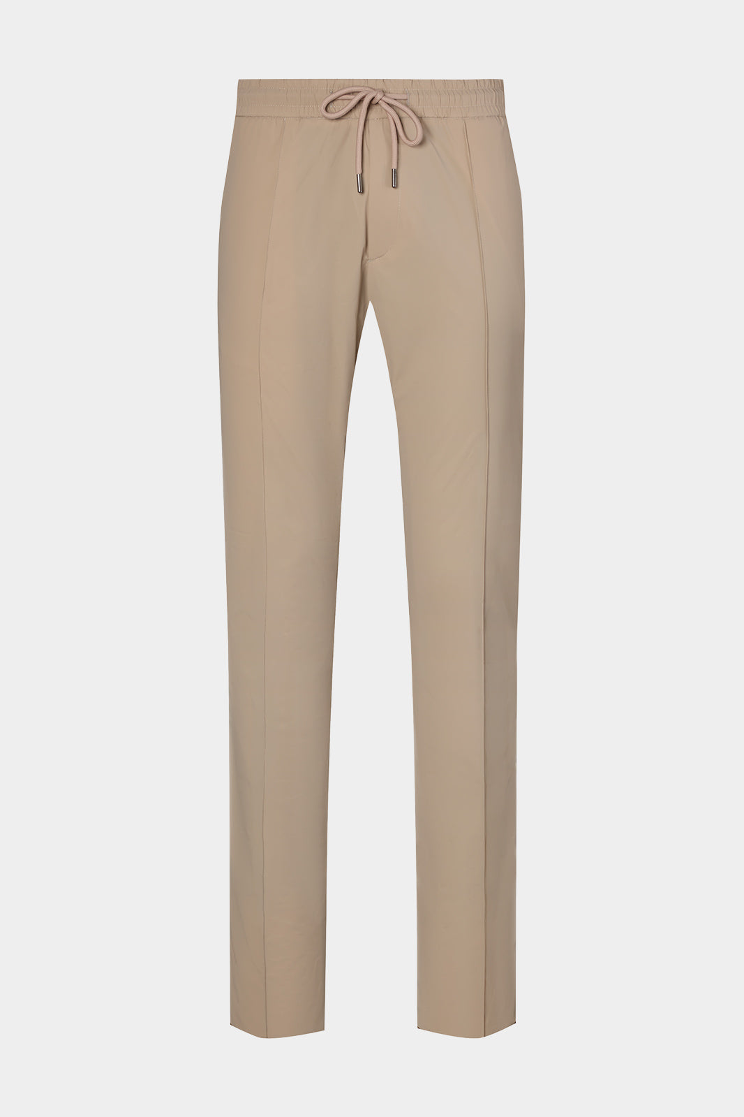 Vue sur fond blanc d'un pantalon jogpant Donatela de couleur beige. Sur un tissu italien en 77% polyamide 23% élasthanne de chez Olmetex.
