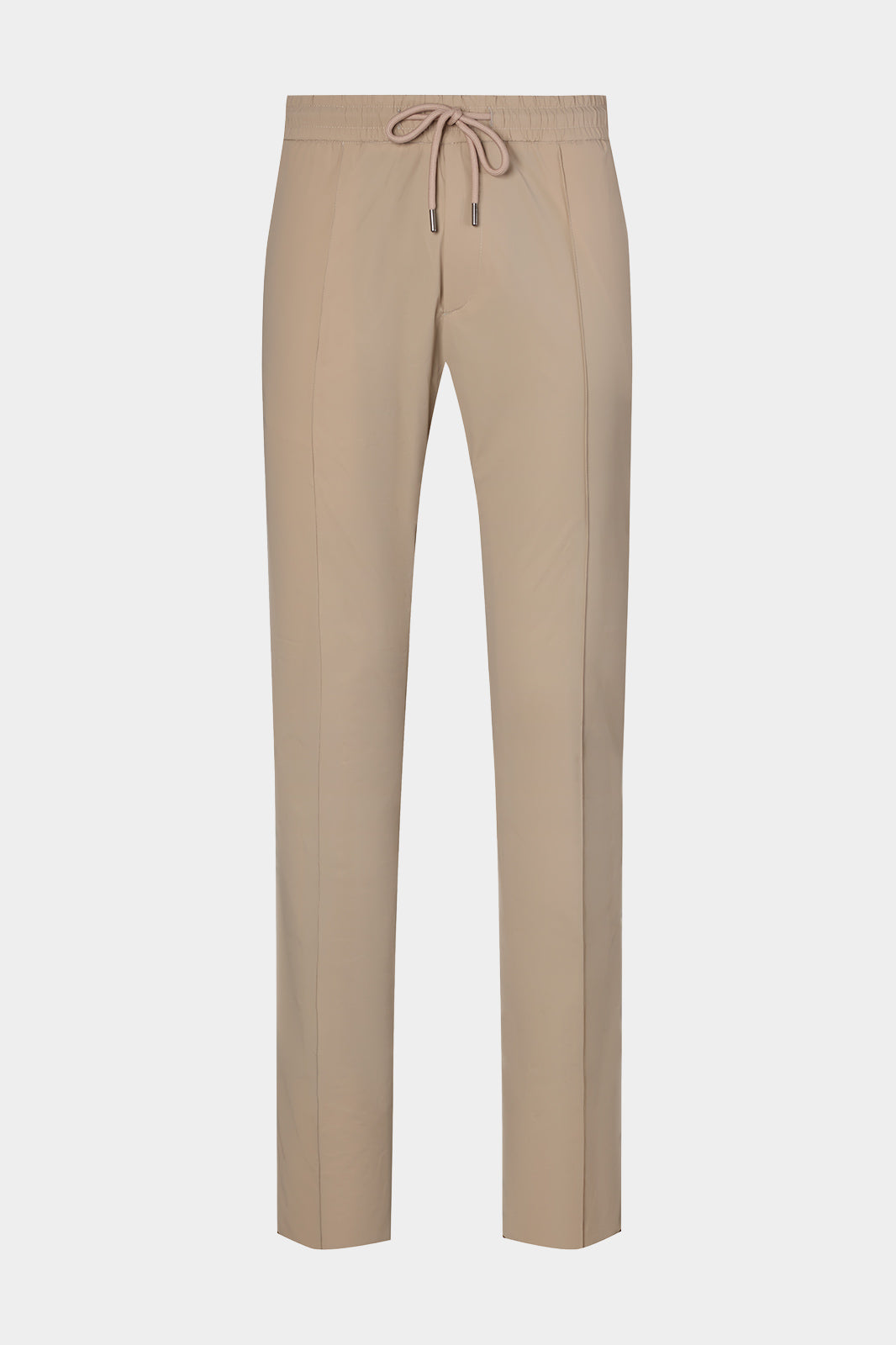 Vue sur fond blanc d'un pantalon jogpant Donatela de couleur beige. Sur un tissu italien en 77% polyamide 23% élasthanne de chez Olmetex.