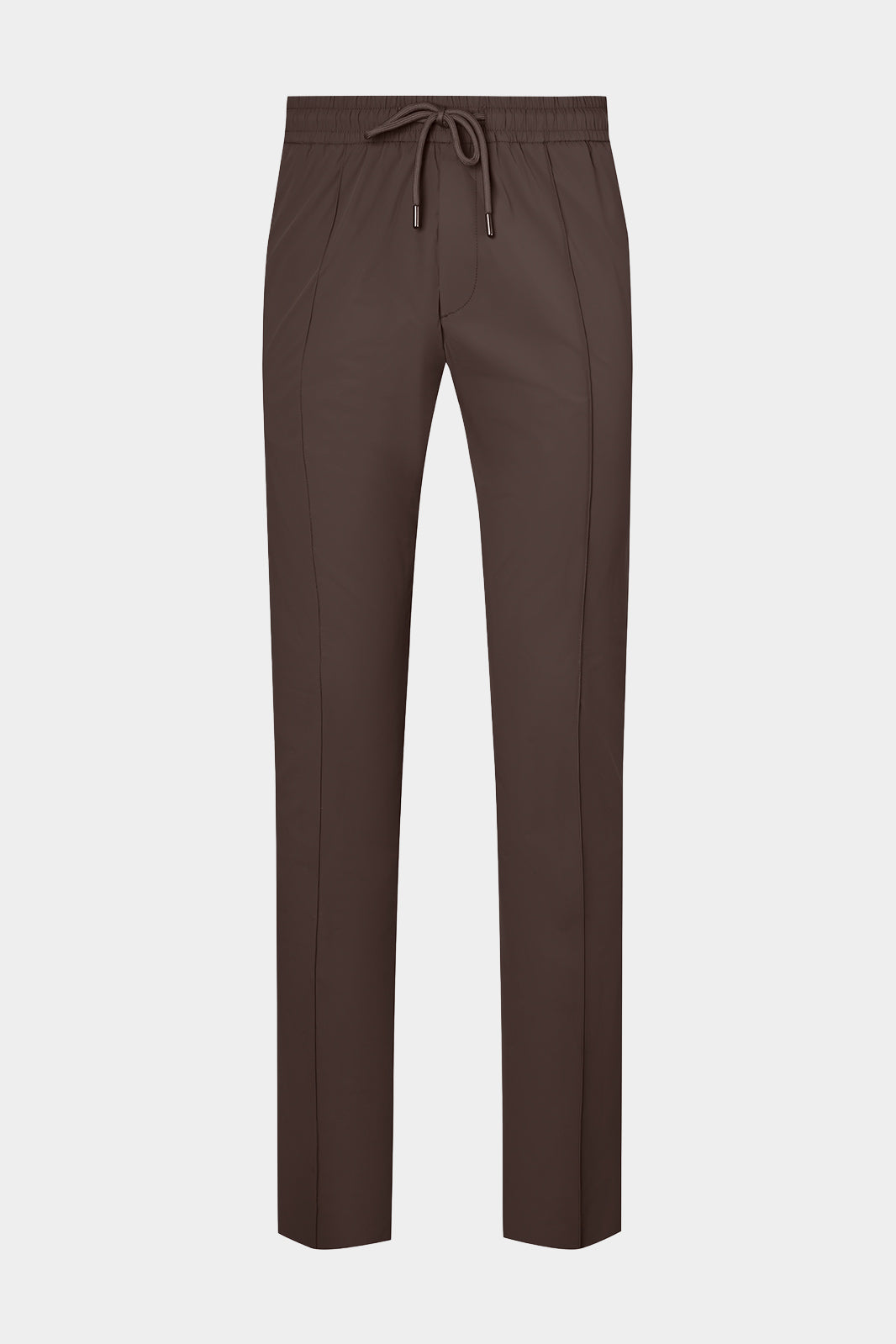 Vue sur fond blanc d'un pantalon jogpant Donatela de couleur marron. Sur un tissu italien en 77% polyamide 23% élasthanne de chez Olmetex.