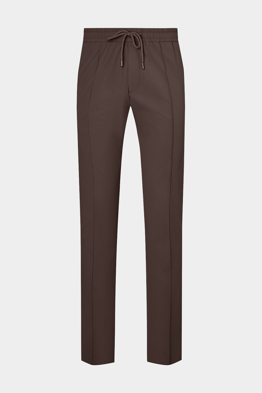Vue sur fond blanc d'un pantalon jogpant Donatela de couleur marron. Sur un tissu italien en 77% polyamide 23% élasthanne de chez Olmetex.