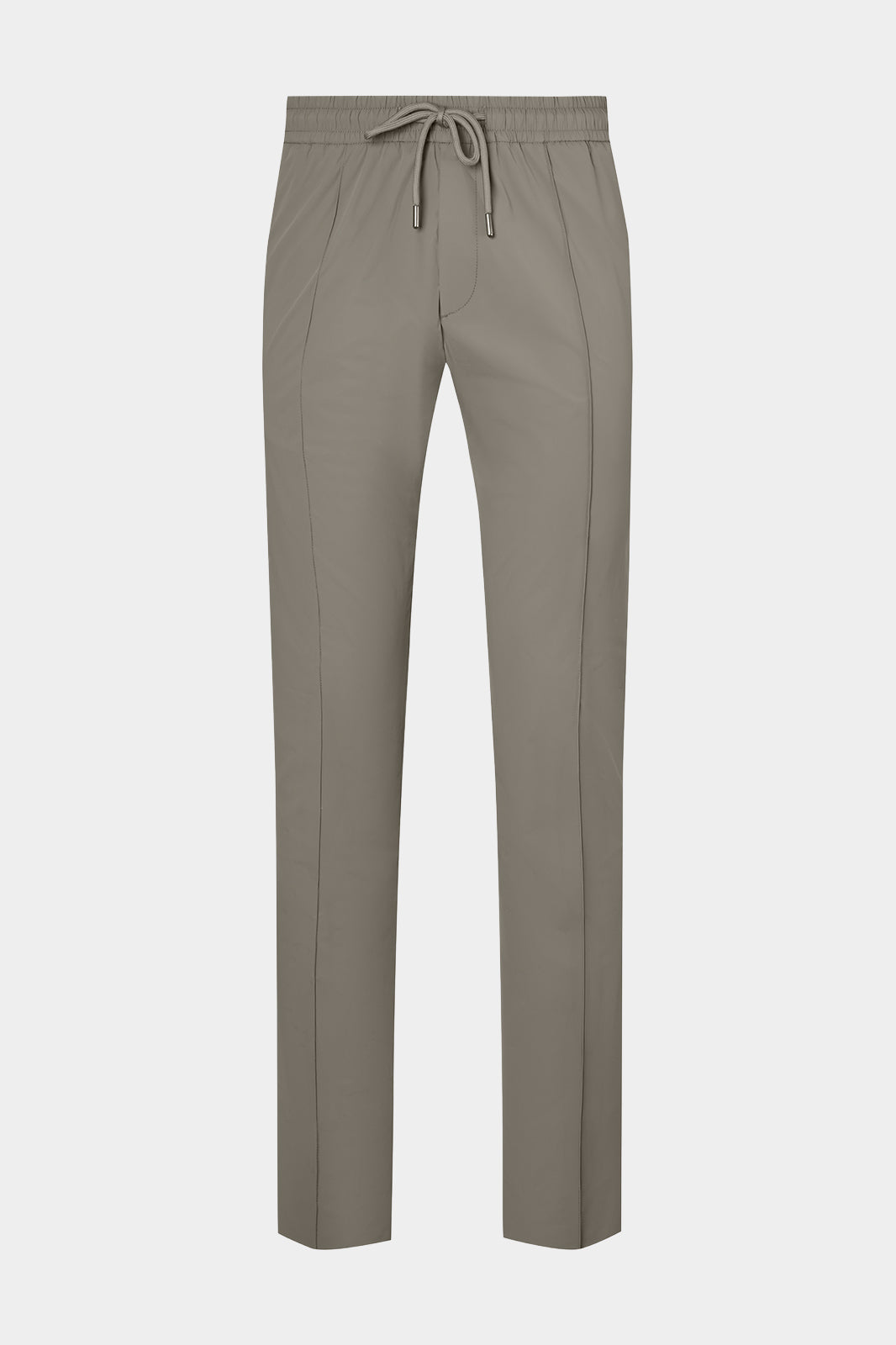 Vue sur fond blanc d'un pantalon jogpant Donatela de couleur gris clair. Sur un tissu italien en 77% polyamide 23% élasthanne de chez Olmetex.