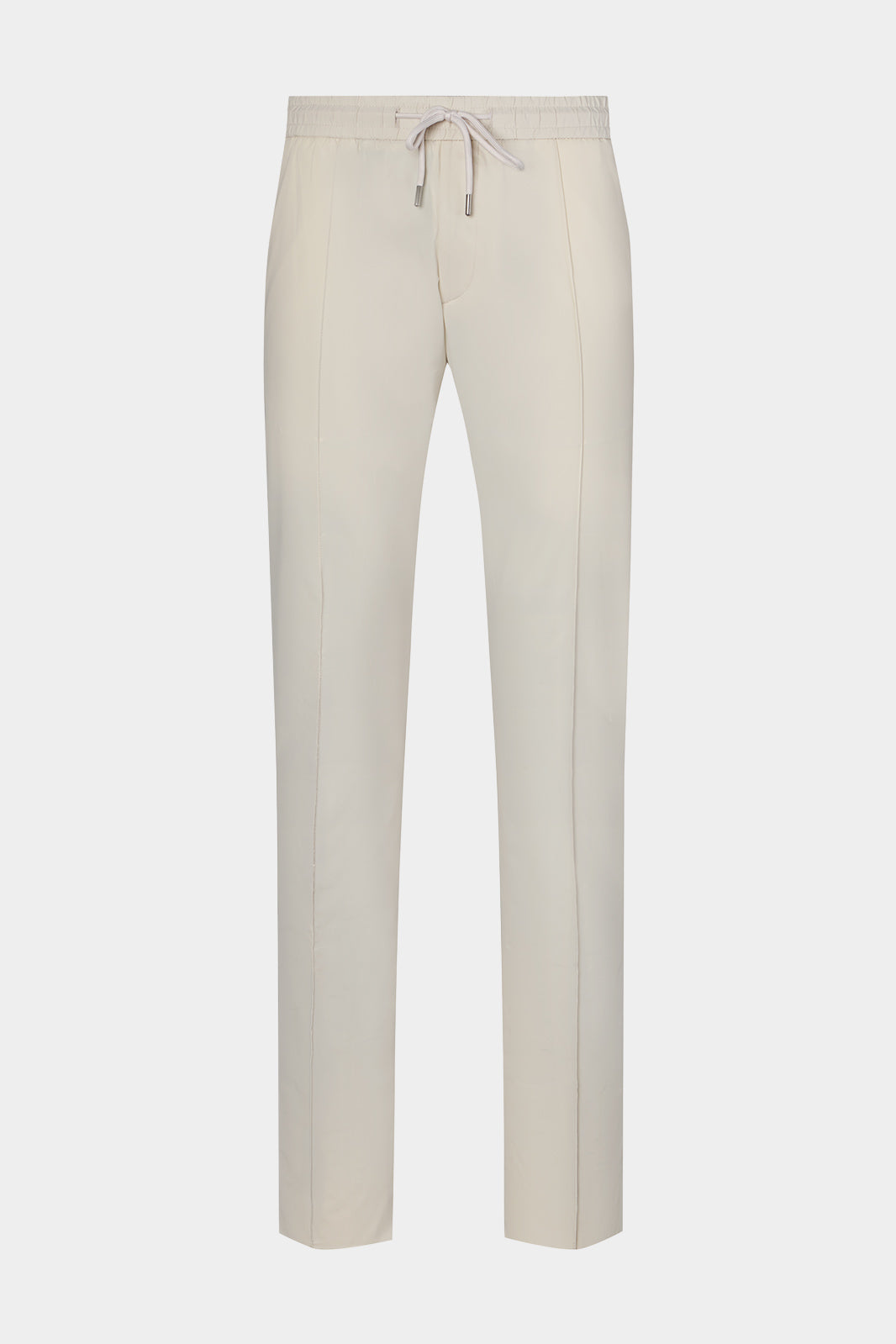 Vue sur fond blanc d'un pantalon jogpant Donatela de couleur écru. Sur un tissu italien en 77% polyamide 23% élasthanne de chez Olmetex.